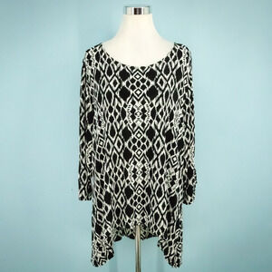 Chico's 3 Size XL Traveler's Black White Print Tie Long Sleeve Scoop Tunic Top
